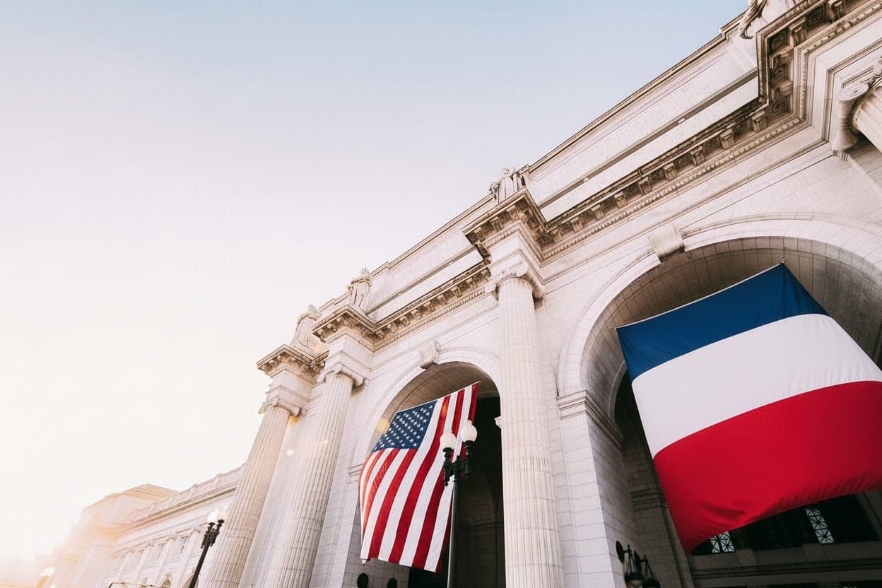Drapeaux français et américain sur la façade d'Union Station à Washington